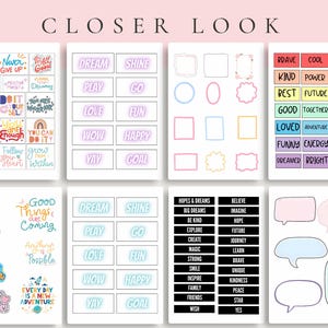 May include: A collection of colorful planner stickers with motivational words and phrases like "Dream," "Shine," and "Be Kind." The stickers are in various shapes and sizes, perfect for journaling and scrapbooking.