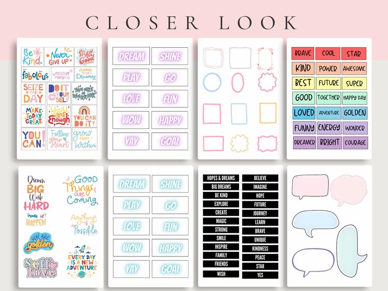 May include: A collection of colorful planner stickers with motivational words and phrases like "Dream," "Shine," and "Be Kind." The stickers are in various shapes and sizes, perfect for journaling and scrapbooking.