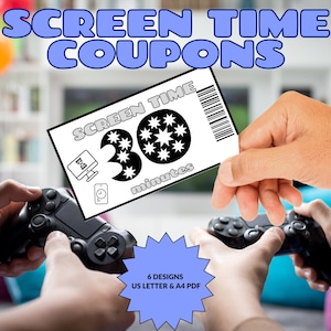 Cupones para niños, cupones de tiempo de pantalla para niños – Boletos de recompensa imprimibles – Blanco y negro – 10–60 minutos + Noche de cine – A4 y tamaño carta (PDF)