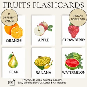 Flashcards Impression numérique de fruits pour enfants - Imprimable pour l'apprentissage préscolaire - 2 tailles - A4 et lettre US - Cartes éducatives pour tout-petits
