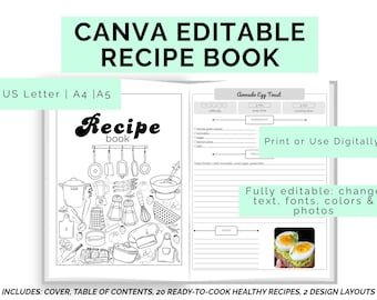 Editable Recipe Book Template Family Cookbook Printable Digital Recipe Pages Binder Canva Recipe Journal US Letter, A4 and A5 Sizes