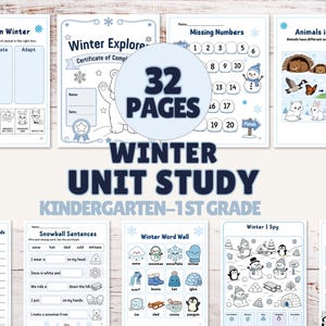 Vinterstudier för förskoleklass och årskurs 1, hemundervisning i matematik, läs- och skrivkunnighet och naturvetenskapliga arbetsblad, utskrivbara snöaktiviteter
