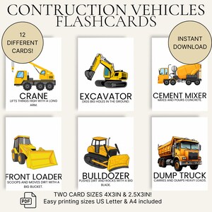 Flashcards para crianças – Veículos de construção – Aprendizagem pré-escolar para impressão – 2 tamanhos – A4 e Carta dos EUA – Cartões educativos para crianças pequenas
