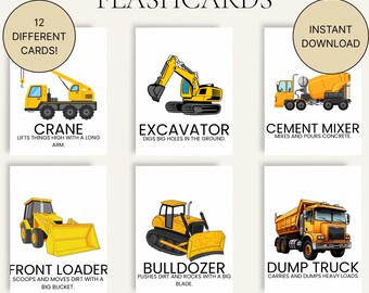 Flashcards for Kids Construction vehicles Printable Preschool Learning  2 Sizes Educational Toddler Cards Montessori Inspiried