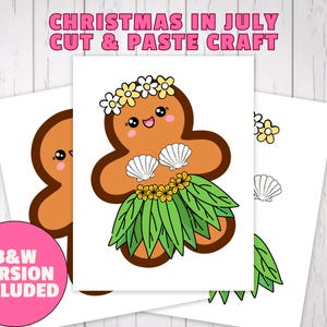 Può includere: Fogli di artigianato stampabili con un omino di pan di zenzero in un abito da sirena. L'omino di pan di zenzero ha una corona di fiori, accenti di conchiglie e una gonna di erba verde. Il testo "CHRISTMAS IN JULY CUT & PASTE CRAFT" è in alto.