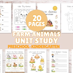 Puede incluir: Un paquete de estudio de 20 páginas sobre animales de granja para preescolar y jardín de infantes con hojas de trabajo educativas. Incluye sumas con iconos de animales, colorear por números, trazo de letras y el ciclo de vida del pollo.