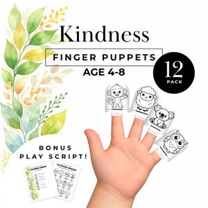 May include: A set of 12 finger puppets with animal designs, including a monkey, sheep, koala, and owl. The puppets are black and white and designed for ages 4-8. The image also includes a bonus play script.