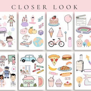May include: A collection of illustrated stickers featuring various themes. Includes a piano, robot, cake, bicycle, pizza, and suitcase. The text "CLOSER LOOK" is at the top.