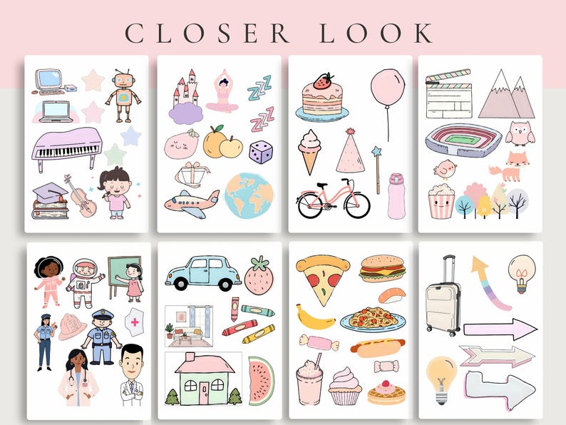 May include: A collection of illustrated stickers featuring various themes. Includes a piano, robot, cake, bicycle, pizza, and suitcase. The text "CLOSER LOOK" is at the top.