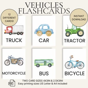 Flashcards de veículos para crianças – Aprendizagem pré-escolar para impressão – 2 tamanhos – A4 e Carta dos EUA – Cartões educativos para crianças pequenas