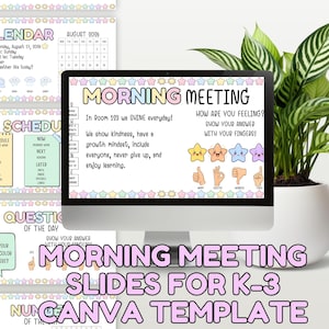 May include: A computer monitor displaying a Morning Meeting slide template for a classroom. The screen features pastel-colored star borders, text about kindness and growth mindset, and a feelings chart with cartoon stars and hand signs.