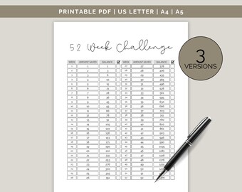 52 Week Savings Challenge 52 Week Challenge Printable 12 Month Savings Challenge Money Challenge Savings Tracker US Letter A4 A5