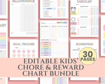 May include: A bundle of 30 editable kids' chore and reward chart pages. The charts include sections for allowance, daily chores, checklists, goal tracking, and screen time. The pages have pastel color accents and are designed for children.