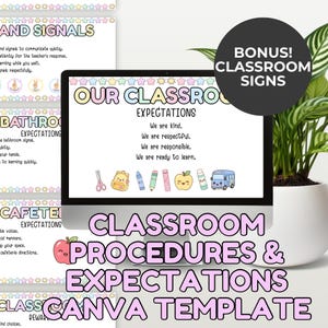 May include: A digital classroom expectations template displayed on a computer monitor, featuring pastel-colored stars, school supply icons, and text that reads Our Classroom Expectations, We are kind, We are respectful, We are responsible, We are ready to learn.