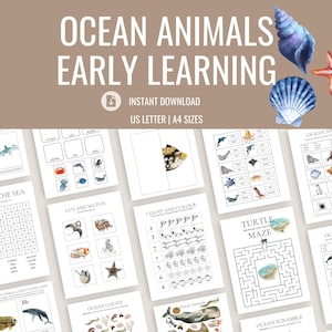 Puede incluir: Conjunto imprimible educativo titulado "Ocean Animals Early Learning". La imagen presenta varias hojas de actividades con ilustraciones temáticas del océano, incluyendo una sopa de letras, ejercicios de cortar y emparejar, y de contar. También hay ilustraciones de acuarela de una estrella de mar y conchas.