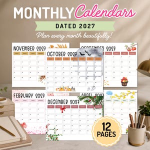 Puede incluir: Un conjunto de 12 páginas de calendario mensual para el año 2027, con varias ilustraciones estacionales en acuarela. Cada página muestra una cuadrícula para el mes, con encabezados que incluyen noviembre 2027, octubre 2027, febrero 2027 y diciembre 2027.