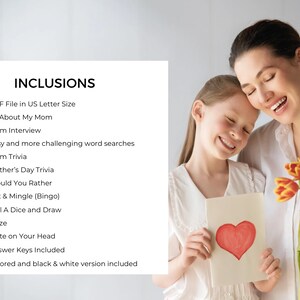May include: A mother and daughter smile, holding a card with a red heart and a bouquet of orange and yellow tulips. The card reads "All About My Mom", and the image includes a list of inclusions such as trivia and word searches.