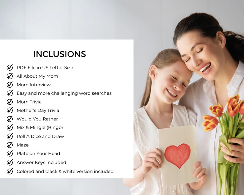 May include: A mother and daughter smile, holding a card with a red heart and a bouquet of orange and yellow tulips. The card reads "All About My Mom", and the image includes a list of inclusions such as trivia and word searches.