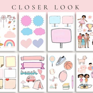 May include: A collection of illustrated stickers with a variety of themes. Includes a rocket, rainbow, clouds, hearts, stars, and signs. The word "beach" is written on one sticker, and the text "CLOSER LOOK" is at the top.
