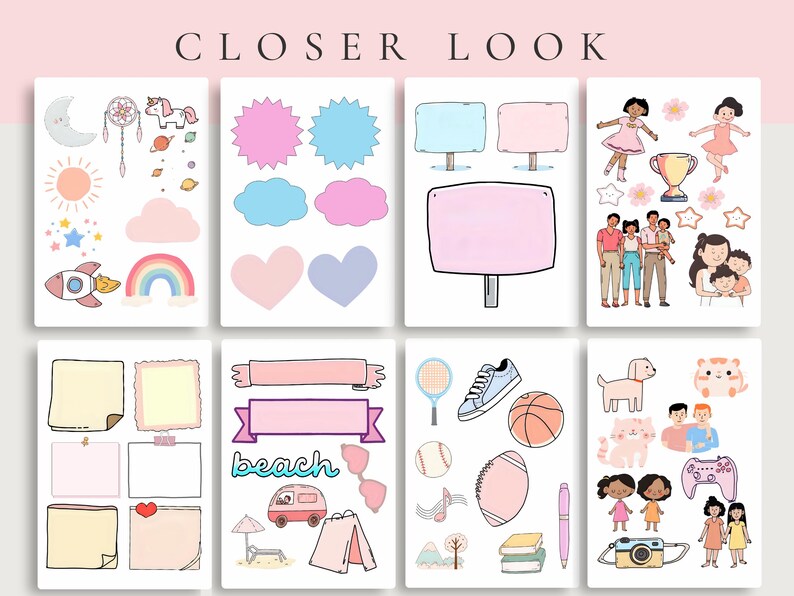 May include: A collection of illustrated stickers with a variety of themes. Includes a rocket, rainbow, clouds, hearts, stars, and signs. The word "beach" is written on one sticker, and the text "CLOSER LOOK" is at the top.