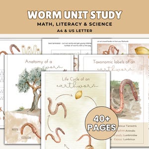 Könnte beinhalten: Lehrmaterialien für eine Wurm-Lerneinheit. Die Seiten enthalten "Anatomie eines Wurms" und "Lebenszyklus eines Regenwurms" mit Aquarellillustrationen. Der Text lautet "WORM UNIT STUDY MATH, LITERACY & SCIENCE A4 & US LETTER" und "40+ PAGES".