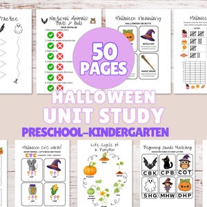以下が含まれることがあります： 幼稚園および保育園向けの50ページのハロウィーン学習ユニット。ハサミの練習、夜行性動物の事実、ハロウィーンの語彙、グラフ作成、文字のなぞり書き、CVC単語、カボチャのライフサイクルなど、教育的なワークシートが含まれています。