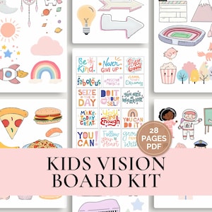 May include: A Kids Vision Board Kit with 28 pages in PDF format. The kit includes colorful illustrations of a rocket, rainbow, pizza, burger, and inspirational quotes. The overall theme is designed for children.
