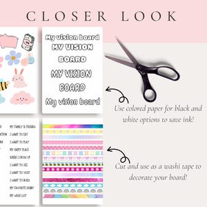 May include: A vision board kit with stickers, washi tape, and text prompts. Includes a sheet of stickers with cute illustrations, a sheet with vision board prompts, and decorative washi tape. Scissors are also included.