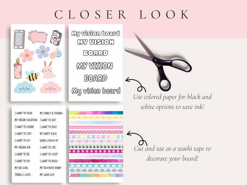 May include: A vision board kit with stickers, washi tape, and text prompts. Includes a sheet of stickers with cute illustrations, a sheet with vision board prompts, and decorative washi tape. Scissors are also included.