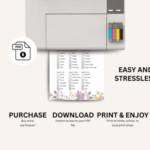 May include: A printer is shown with a PDF icon and a printed sheet. The sheet has a floral border and a list of words. The text on the image says "Easy and Stressless", "Purchase, Download, Print & Enjoy".