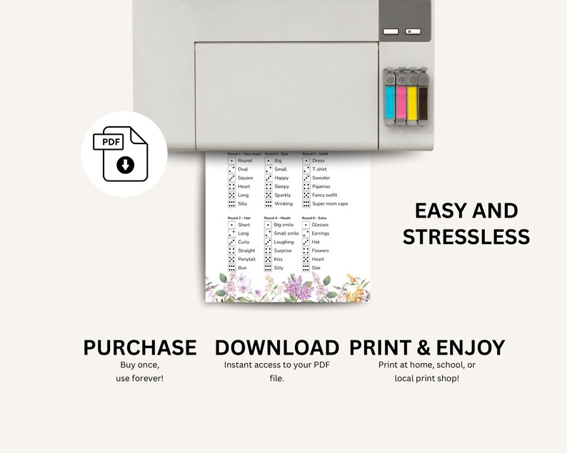 May include: A printer is shown with a PDF icon and a printed sheet. The sheet has a floral border and a list of words. The text on the image says "Easy and Stressless", "Purchase, Download, Print & Enjoy".
