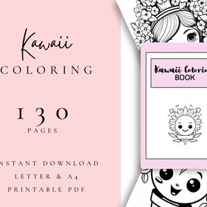 Libro para colorear kawaii, páginas para colorear kawaii – 130 páginas adorables – PDF imprimible – Tamaños carta y A4 – Animales adorables, comida y más