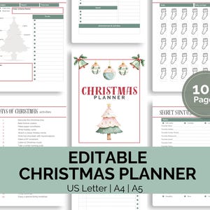 Puede incluir: Un planificador de Navidad editable con páginas para la planificación festiva. Incluye secciones para listas de tareas, ideas de regalos y una lista de amigo invisible. La portada presenta un diseño de árbol de Navidad en acuarela. Disponible en tamaños US Letter, A4 y A5.