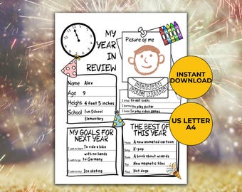 Kids New Year’s Eve Activity – My Year in Review Worksheet – Printable A4 & US Letter – New Year Activity for Kids