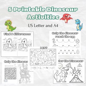 Puede incluir: Cinco hojas de actividades de dinosaurios imprimibles para niños. Las hojas incluyen un juego de encontrar las diferencias, un laberinto, un juego de unir los puntos, un juego de "Veo, veo" y una página para colorear. Las hojas están diseñadas para los tamaños de papel US Letter y A4.