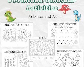 Activiteitenpagina's dinosaurussen voor kinderen | Afdrukbare bundel | Ik bespioneer, doolhof, kleur, zoek de verschillen, fijne motoriek | A4 en US Letter
