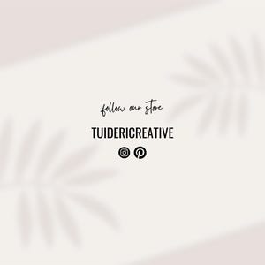 May include: A light beige background with a leaf shadow and the text "follow our store" in a handwritten font. Below, the name "TUIDERICREATIVE" is displayed in a bold, sans-serif font, with Instagram and Pinterest icons below.