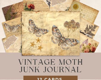 Vintage Moth Junk Journal Cards, Dark Academia Prints, Insect Printable, Entomology Natural History Digital Paper