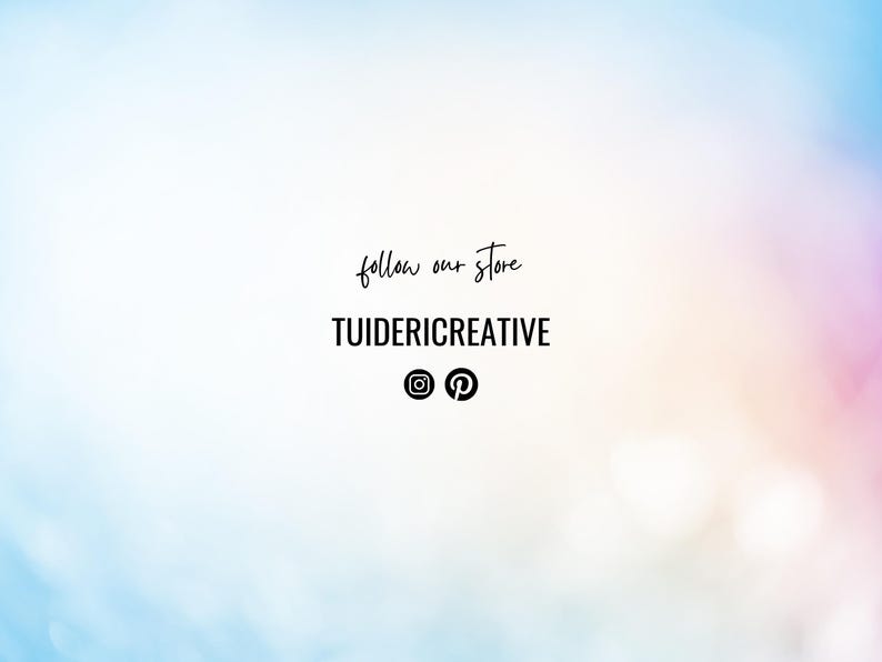 May include: A soft, blurred background in shades of blue, pink, and white. The text "follow our store" is written in a delicate script, with the name "TUIDERICREATIVE" below in a bold, sans-serif font. Social media icons are also present.