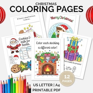 Könnte beinhalten: Weihnachts-Malvorlagen mit festlichen Illustrationen. Die Seiten zeigen den Weihnachtsmann, Weihnachtsstrümpfe, Geschenke und andere weihnachtliche Bilder. Enthält 12 Seiten in US Letter und A4 Größen, ideal zum Ausdrucken als PDF.