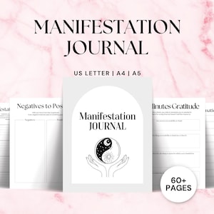 Può includere: Un diario di manifestazione digitale con layout di pagina multipli che includono sezioni per gratitudine, traguardi e cambiamenti da negativo a positivo. La copertina presenta un simbolo yin-yang tenuto da mani, con il testo Manifestation Journal e 60+ PAGES.