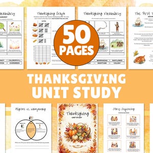 May include: Thanksgiving unit study with 50 pages of educational content. Includes vocabulary, graphs, and sequencing activities. Features illustrations of turkeys, pumpkins, and the Mayflower. Ideal for classroom or home learning.