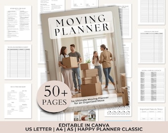 Moving Planner Printable, Relocation Checklist and Moving Binder with Packing Labels, Editable in Canva