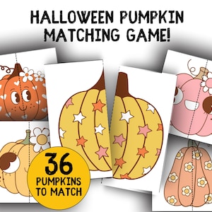Puede incluir: Un juego de emparejar con temática de Halloween con mitades de calabazas ilustradas. El juego incluye 36 mitades de calabazas con varios diseños, incluyendo estrellas, flores y caras. El texto "Halloween Pumpkin Matching Game!" está en la parte superior.
