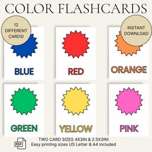 Flashcards coloridos para crianças – Aprendizagem pré-escolar para impressão – 12 cores – 2 tamanhos – A4 e Carta dos EUA – Cartões educativos para crianças pequenas