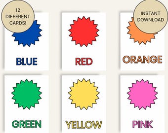 Flashcards in kleur voor kinderen – afdrukbare voorschoolse educatie – 12 kleuren – 2 formaten – A4 en US Letter – educatieve kaarten voor peuters