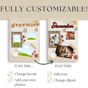 May include: A digital design template with the word "December" in a decorative font. The design includes frames, photos, clocks, and floral elements. The text "FULLY CUSTOMIZABLE!" is at the top, with options to change layout, add photos, edit text, and change clipart.