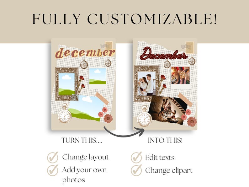 May include: A digital design template with the word "December" in a decorative font. The design includes frames, photos, clocks, and floral elements. The text "FULLY CUSTOMIZABLE!" is at the top, with options to change layout, add photos, edit text, and change clipart.