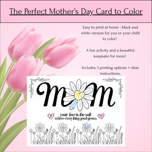 Bestes Geschenk für Mama | Muttertag Malkarte zum Ausdrucken | 5x7 DIY Karte für Kinder | Black & White Blumen-Design | Muttertagsgedicht