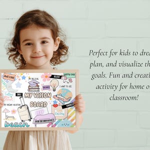 May include: A child holds a wooden-framed vision board with colorful illustrations and text. The board includes images of a suitcase, piano, airplane, and the words "My Vision Board," "Beach," and "Awesome." The background is a light green wall.